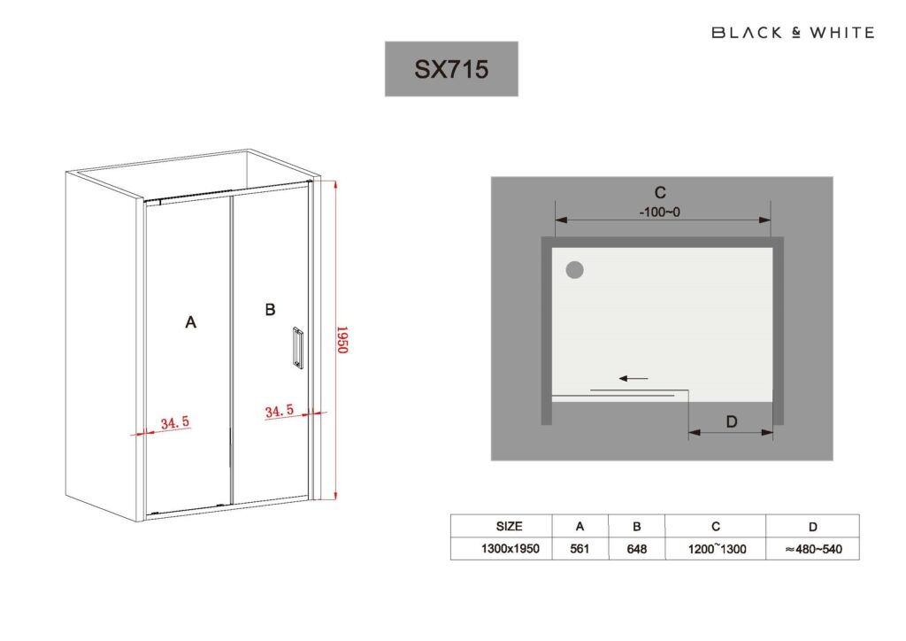 Душевая дверь в нишу Black & White SX715 Chrome 1200