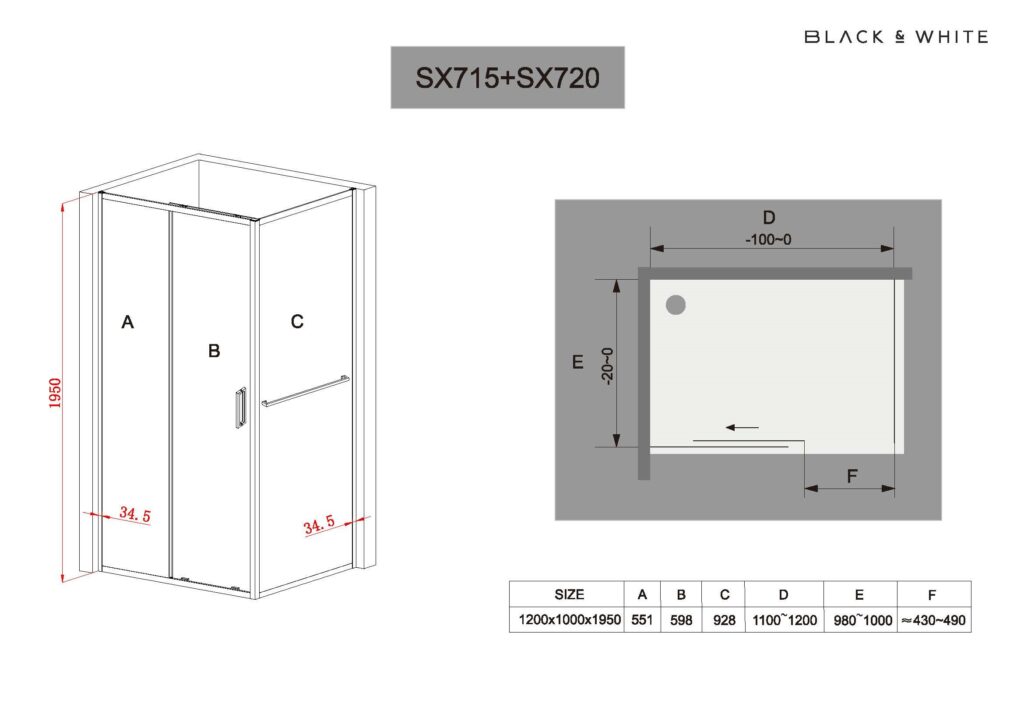 Душевой уголок Black & White SX715 1200 х 1000 Chrome